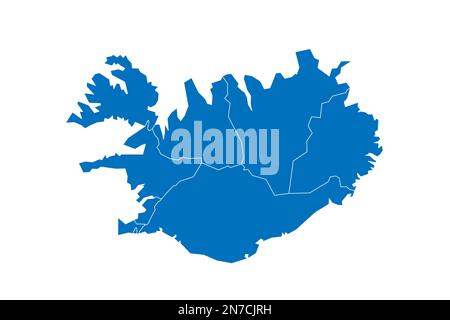 Islanda carta politica delle divisioni amministrative - regioni. Mappa vettoriale vuota in blu pieno con bordi bianchi. Illustrazione Vettoriale