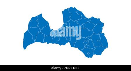 Lettonia carta politica delle divisioni amministrative - comuni e città. Mappa vettoriale vuota in blu pieno con bordi bianchi. Illustrazione Vettoriale