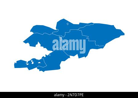 Kirghizistan carta politica delle divisioni amministrative - regioni e città indipendenti di Bishkek e OSH. Mappa vettoriale vuota in blu pieno con bordi bianchi. Illustrazione Vettoriale