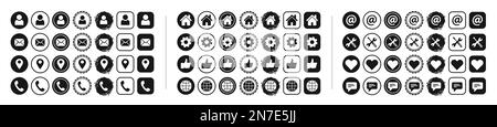 Icone Web impostate, icona contattaci, cartelli rotondi sui social media per i siti Web. Simboli neri piatti nome, e-mail, telefono, indirizzo, posizione, mi piace, impostazioni, chat. Illustrazione Vettoriale