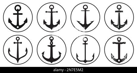 Set di icone di ancoraggio vettoriali nere. Collezione icona vettore ancoraggi nave. Logo ad ancoraggi piatti in diverse forme isolato su sfondo bianco. Illustrazione Vettoriale