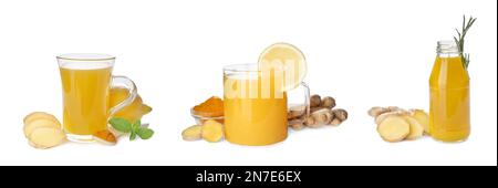 Set di bevande che aumentano l'immunità con limone, zenzero e curcuma su sfondo bianco, banner design Foto Stock