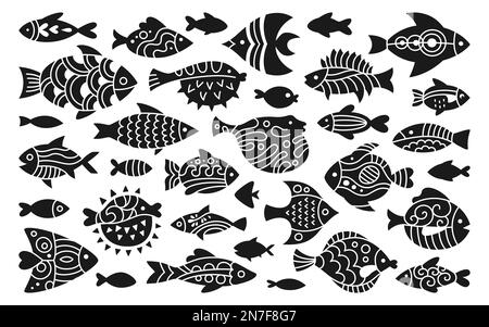 Set di francobolli ornamentali tropicali astratti per pesci. Doodle lineare moderno alla moda esotico acquario stampa animale, cartoon stampa nautica sigillo. Ornamento semplice acqua dolce, pesci di mare elemento vettoriale monocromatico Illustrazione Vettoriale