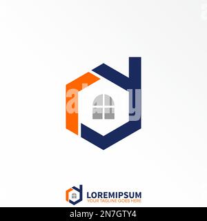 Lettera o parola RD font in esagono come tetto casa immagine grafica icona logo disegno astratto concetto vettore stock simbolo relativo a iniziale o proprietà. Illustrazione Vettoriale