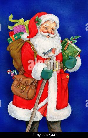 Babbo Natale a piedi con robin, regali, borsa a mano e illustrazione del libro Foto Stock