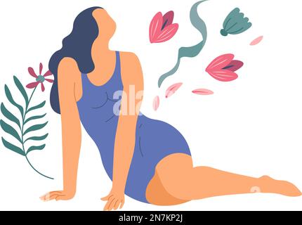 Donna con tulipani e fiori vettore fioritura Illustrazione Vettoriale