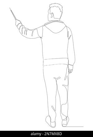 Una linea continua di insegnante casuale che indica con un bastone. Concetto di vettore di illustrazione a linea sottile. Disegno di contorno idee creative. Illustrazione Vettoriale