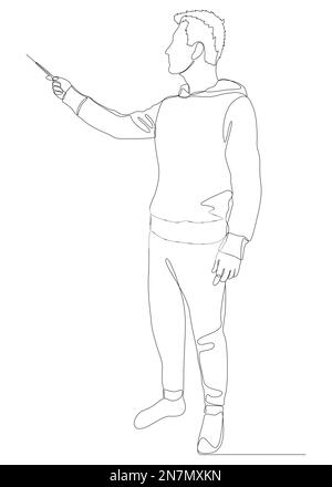 Una linea continua di insegnante casuale che indica con un bastone. Concetto di vettore di illustrazione a linea sottile. Disegno di contorno idee creative. Illustrazione Vettoriale