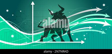 Bull run o tendenza di mercato rialzista in valuta crittografica o azioni. Contesto di cambio commerciale, grafico a freccia verso l'alto per l'aumento dei tassi. Grafico dell'economia globale. Illustrazione Vettoriale