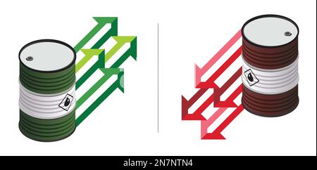 I prezzi del petrolio diminuiscono. Barili di petrolio greggio con freccia verde rossa del grafico che va in su giù. Mercato dell'olio combustibile tamburi petroliferi con frecce della tabella. Illustrazione Vettoriale