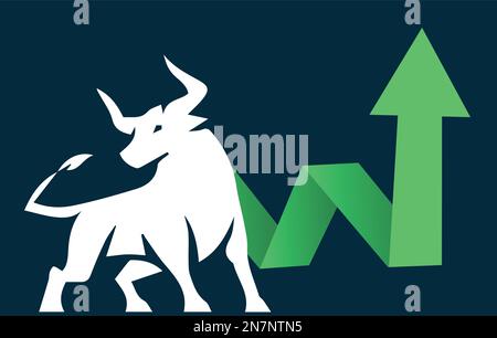 Bull run o tendenza di mercato rialzista in valuta crittografica o azioni. Contesto di cambio commerciale, grafico a freccia verso l'alto per l'aumento dei tassi. Boom economico globale. Illustrazione Vettoriale