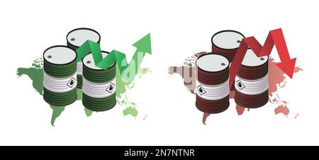 I prezzi del petrolio diminuiscono. Barili di petrolio greggio con freccia verde rossa del grafico che va in su giù. Mercato del petrolio combustibile tamburi di petrolio con mappa del mondo. Icona vettore. Illustrazione Vettoriale