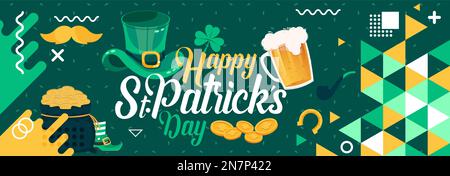 Buon banner del giorno di San Patrizio. St Le icone di Patrick portano vetro, berretto, monete d'oro, ferro di cavallo, baffi e foglie. St Patricks verde Irlanda design irlandese. Illustrazione Vettoriale