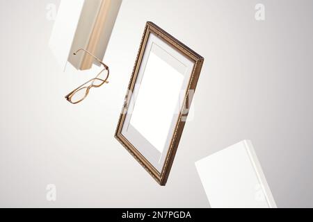 telai volanti in aria, con attrezzature e oggetti mockup Foto Stock