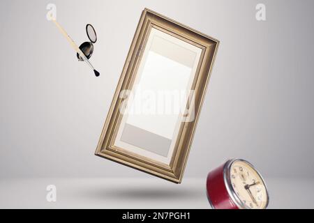 telai volanti in aria, con attrezzature e oggetti mockup Foto Stock