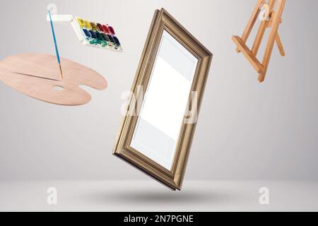 telai volanti in aria, con attrezzature e oggetti mockup Foto Stock