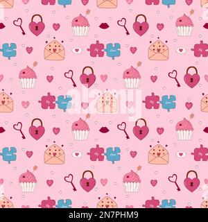 Motivo senza cuciture disegnato a mano per San Valentino. Lettera, cuore, cupcake, puzzle e altri elementi. Illustrazione Vettoriale
