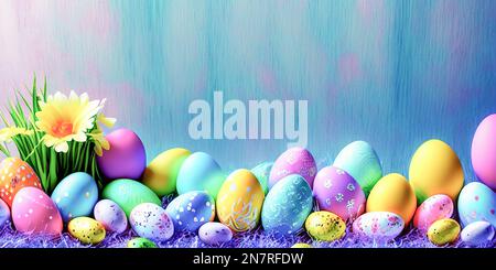 Buona Pasqua, uova di Pasqua colorate. Decorazione di Pasqua, sfondo di pasqua complimenti. Uova di Pasqua e fiori. Sfondo con spazio di copia. banner, Foto Stock