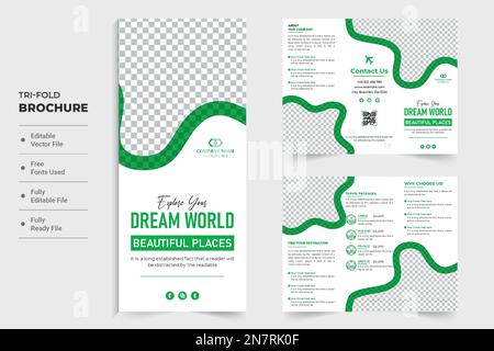 Progettazione modello di affari di pianificatore di vacanza con colore verde per l'introduzione sul mercato. Creative agenzia di turismo pubblicità poster e depliant design con abrac Illustrazione Vettoriale