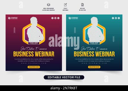 Modello di webinar aziendale e invito alla conferenza con colori rosso e blu. Progettazione di poster per seminari di ufficio per il social media marketing. Busines Illustrazione Vettoriale