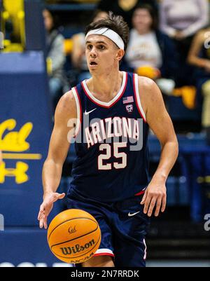 Haas Pavilion Berkeley Calif, USA. 09th Feb, 2023. CA USA La guardia dell'Arizona Kerr Kriisa (25) mette in gioco la partita di pallacanestro degli uomini dell'NCAA tra gli Arizona Wildcats e i California Golden Bears. L'Arizona ha battuto la California 85-62 all'Haas Pavilion Berkeley Calif. Thurman James/CSM/Alamy Live News Foto Stock