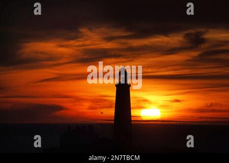 Alba al faro di St Mary a Whitley Bay sulla costa nord-orientale dell'Inghilterra. Data immagine: Sabato 11 febbraio 2023. Foto Stock