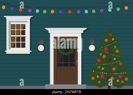 una casa blu con una porta e finestre la sera con una ghirlanda per le vacanze e albero di natale Illustrazione Vettoriale