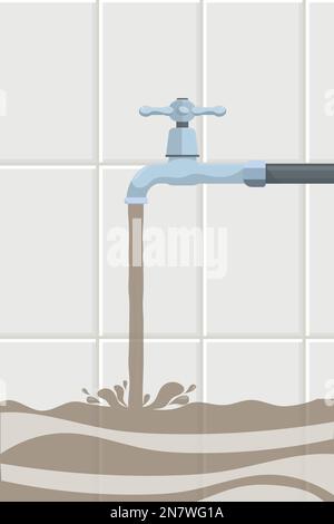 un'acqua sporca è versata nella vasca da bagno con le mattonelle sulla parete dal rubinetto dell'acqua Illustrazione Vettoriale