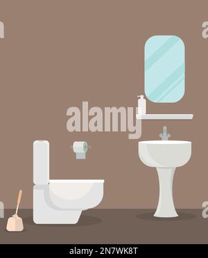 una ciotola di gabinetto in ceramica bianca con lavandino e specchio nella toilette Illustrazione Vettoriale