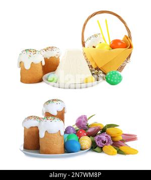 Set con tradizionali dolci pasquali e paskha di formaggio casolare su sfondo bianco Foto Stock