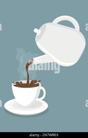 un tè caldo nero viene versato dalla teiera in una tazza bianca Illustrazione Vettoriale