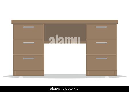 un tavolo da ufficio in legno con cassetti su uno sfondo bianco isolato Illustrazione Vettoriale