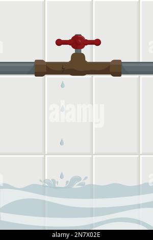 valvola rossa su un tubo dell'acqua da cui gocciola a seguito di un'incrinatura Illustrazione Vettoriale