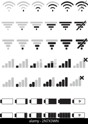 Un segnale telefonico e icone della batteria. Icona della barra superiore dell'interfaccia mobile vettoriale impostata per i segnali di rete e lo stato dei livelli di carica del telefono Illustrazione Vettoriale