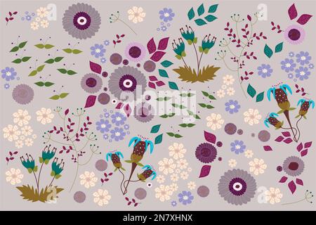 un modello di primavera con fiori diversi e foglie di sfondo Illustrazione Vettoriale