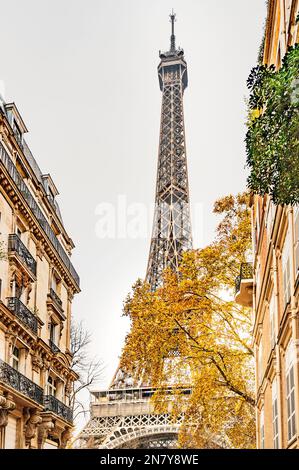 La torre Eiffel vista dalla Rue de l'Université, Rive Gauch, Parigi, Francia Foto Stock