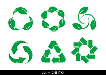 Set di icone Sustainability. Frecce verdi e foglie che ruotano. Gruppo di simboli di riciclaggio. Materiale naturale biodegradabile, compostabile, rinnovabile. Vettore Illustrazione Vettoriale