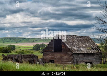 Una casa di legno abbandonata si trova nelle praterie di Pryor, Montana a durante il pomeriggio tempestoso. Foto Stock