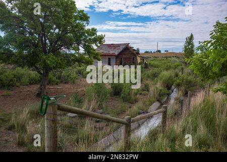 Una fattoria in legno abbandonata si trova nelle praterie del Wyoming durante un pomeriggio estivo. Foto Stock