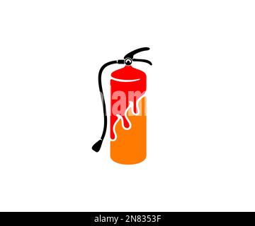 Estintore, estintore, estinguente e antincendio, design grafico. Fuoco, fiamme, vigili del fuoco, estinguere e incendio attrezzature, cartello Illustrazione Vettoriale