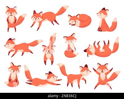 Simpatica volpe. Cartoon animali della foresta rossa con varie emozioni, simpatici predatori carnivori carnivori in diverse pose fauna selvatica concetto di zoo. Piatto vettoriale Illustrazione Vettoriale