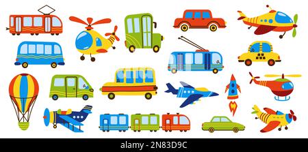 Trasporto per bambini. Carino cartone animato treno taxi auto aereo blimp mongolfiera aria, insieme di divertente auto giocattoli piano stile doodle. Vettore isolato Illustrazione Vettoriale