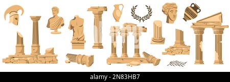 Collezione di mostre d'antiquariato. Greco antico classico statue della dea colonne vasi, antichi elementi mistici storici boho stile. Set piatto vettoriale Illustrazione Vettoriale