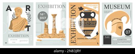 Antique exhibition posters. Contemporary museum flyer design with ancient ruins and greek sculptures for event invitation, magazine or cover. Vector Illustrazione Vettoriale