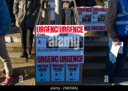 Montauban, Francia. 11th Feb, 2023. Quarto giorno di sciopero e di dimostrazione indetto dall'interUnione (CFDT, CGT, FO, CFE-CGC, CFTC, UNSA, Solidaires, FSU), per protestare contro il piano del governo di innalzare l'età pensionabile legale da 62 a 64 anni. Francia, Montauban, 11 febbraio 2023. Foto di Patricia Huchot-Boissier/ABACAPRESS.COM Credit: Abaca Press/Alamy Live News Foto Stock