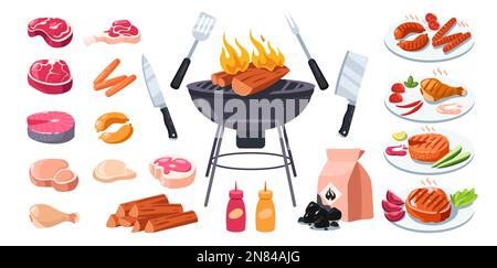 Barbecue grill. Cartoon bbq elementi set, Brazier carbone kebab spiedini salsicce salsa di carne bistecche, attrezzature da picnic per preparare il cibo. Piatto vettoriale Illustrazione Vettoriale