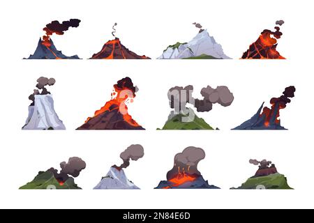 Collezione di vulcano. Roccia che esplode con magma, fumo e cenere, cratere vulcanico di montagne esplosione con lava e polvere, eruzione geotermica. Vettore Illustrazione Vettoriale