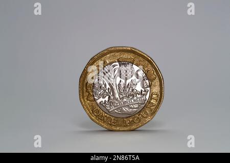 Il coin di sterlina inglese ha bilanciato sul suo bordo contro uno sfondo grigio Foto Stock