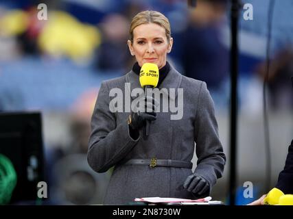 Il presentatore Gabby Logan della BBC Sport durante la partita Guinness Six Nations al BT Murrayfield, Edimburgo, Scozia. Data immagine: Sabato 11 febbraio 2023. Foto Stock