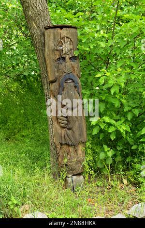 Scultura di vecchia divinità pagana sull'isola di Khortitsa a Zaporizhzhzhia, Ucraina. Foto Stock